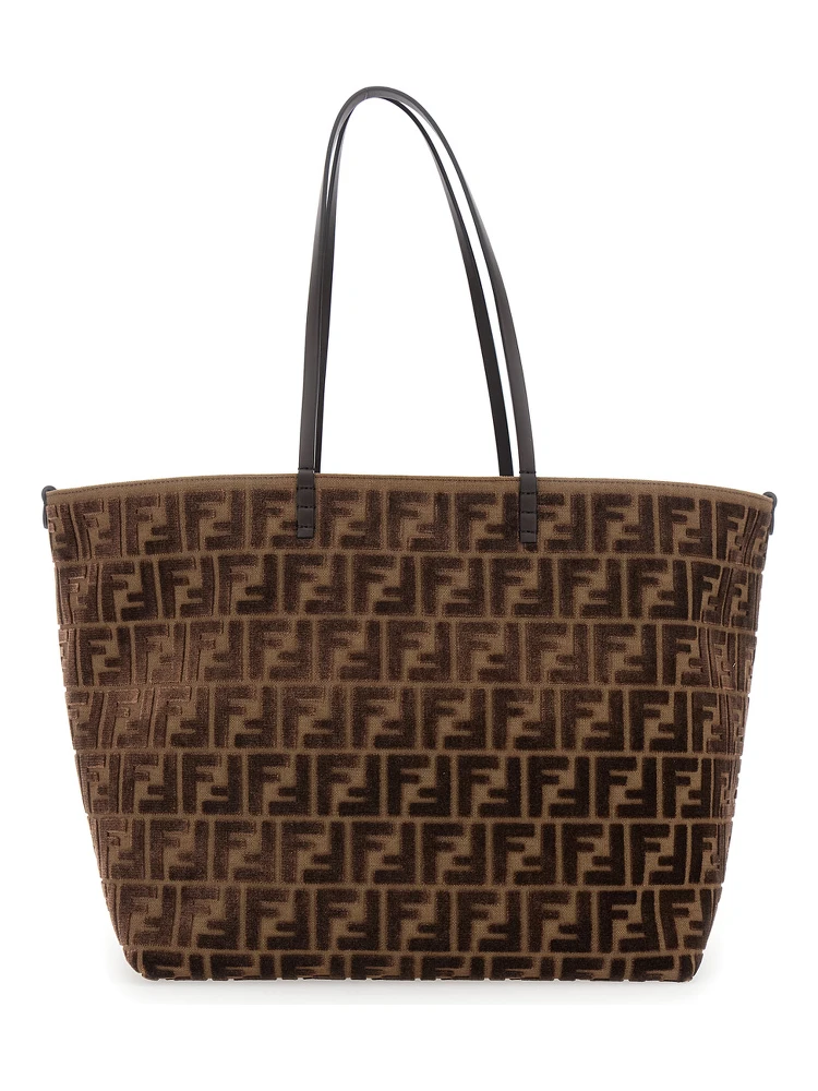 Roll Large Brown Shopper with All-Over FF Motif in Cotton Blend with Sponge Effect Woman