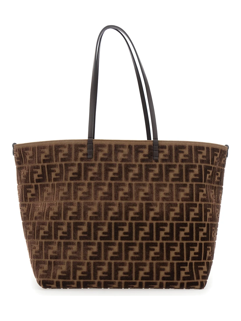 Roll Large Brown Shopper with All-Over FF Motif in Cotton Blend with Sponge Effect Woman