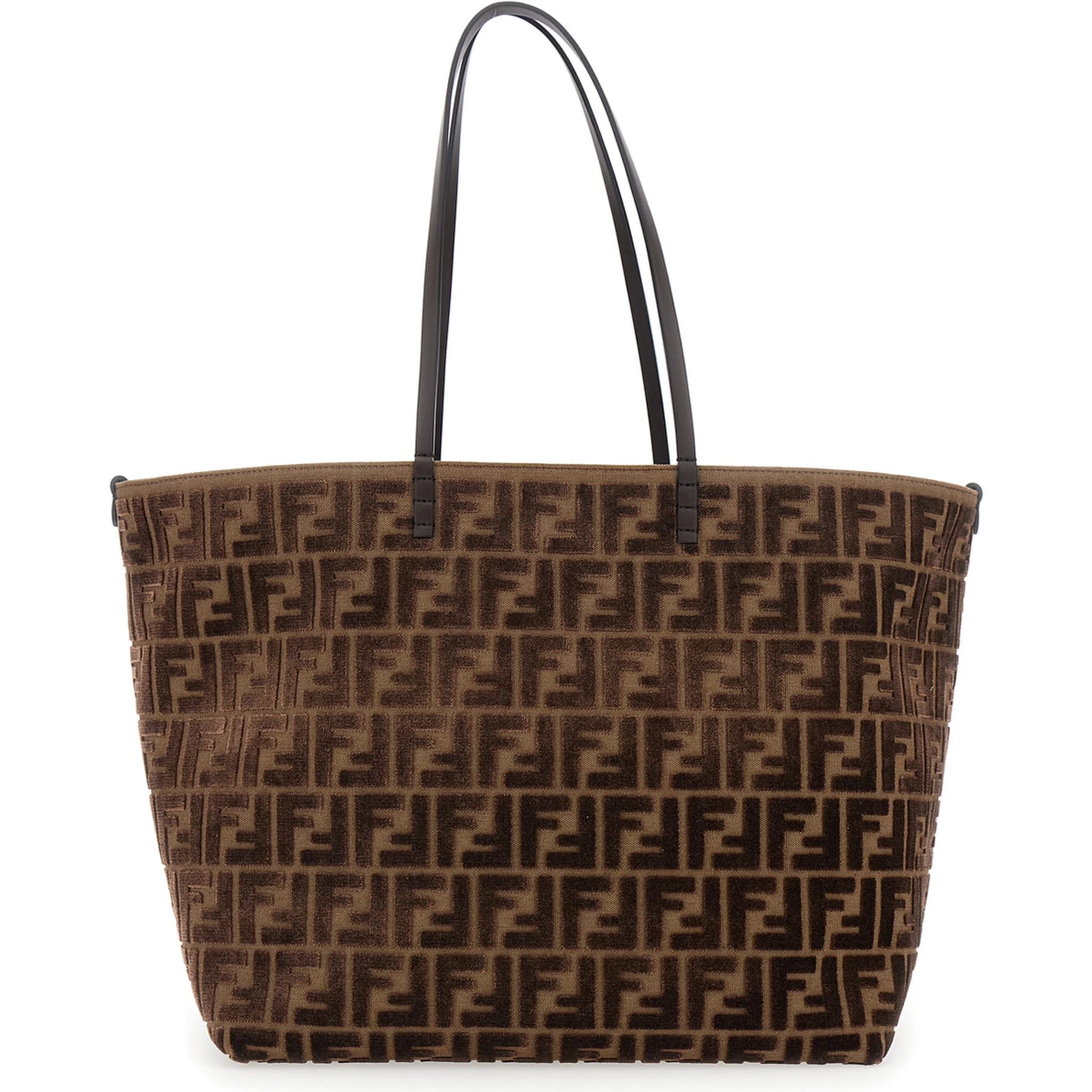 Roll Large Brown Shopper with All-Over FF Motif in Cotton Blend with Sponge Effect Woman