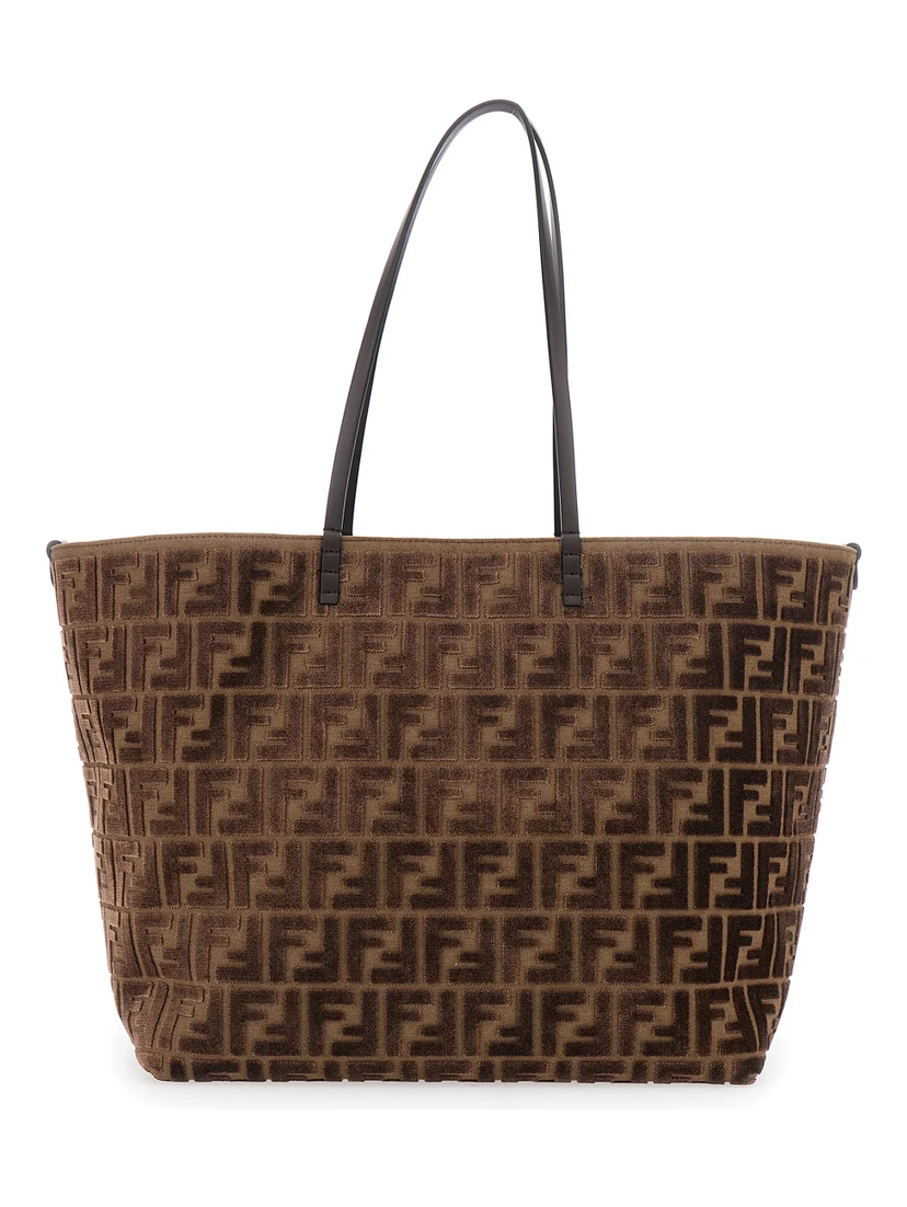 Roll Large Brown Shopper with All-Over FF Motif in Cotton Blend with Sponge Effect Woman
