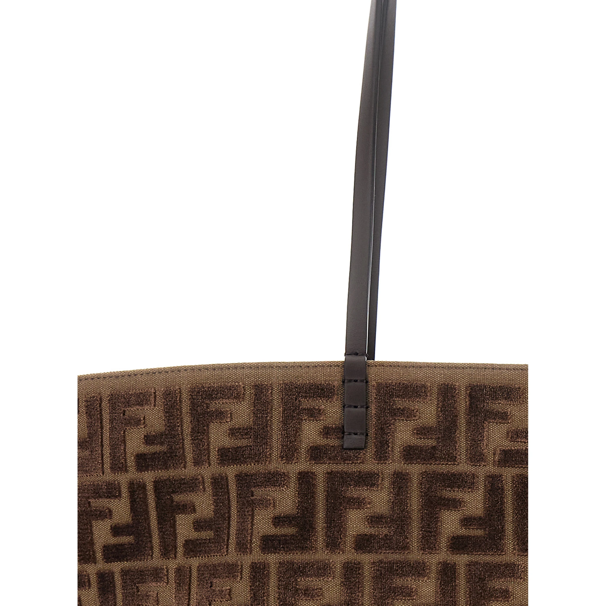 Roll Large Brown Shopper with All-Over FF Motif in Cotton Blend with Sponge Effect Woman