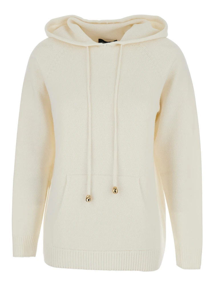 White Hoodie with Drawstring Hood in Wool Blend Woman