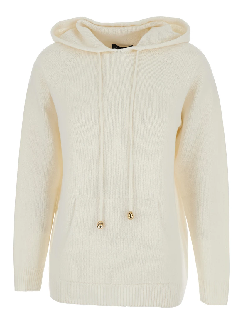 White Hoodie with Drawstring Hood in Wool Blend Woman