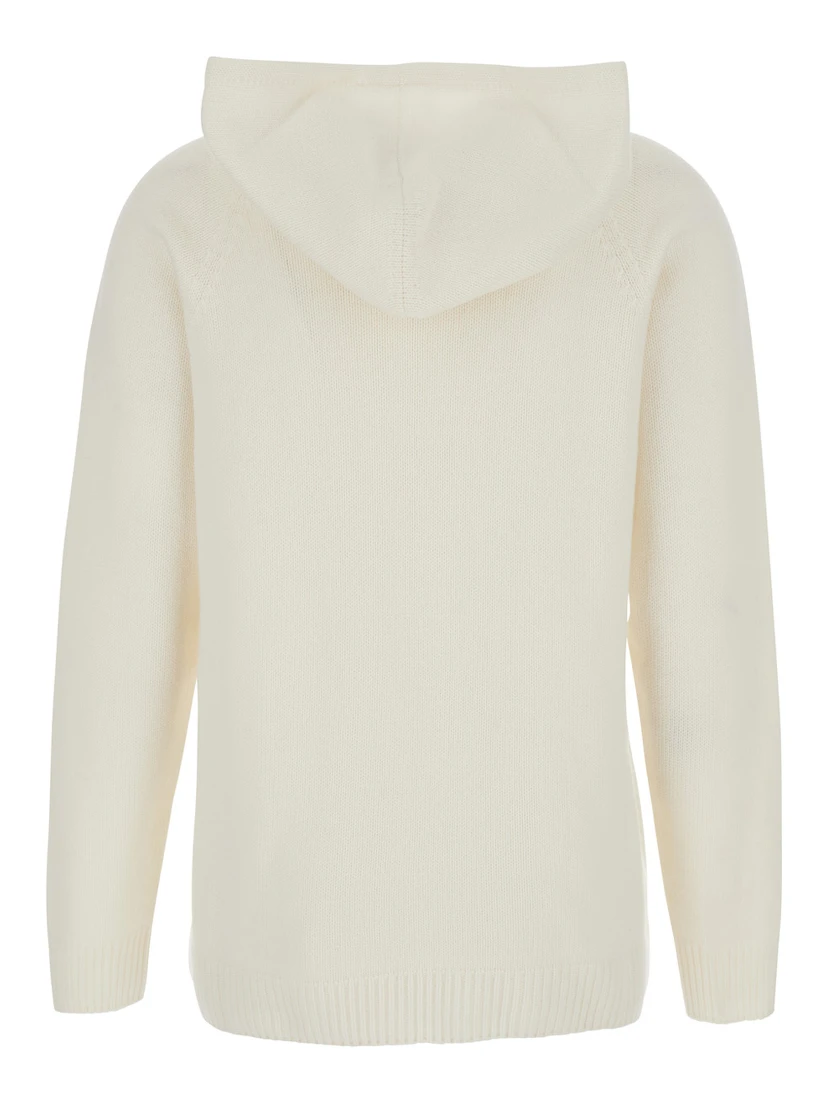 White Hoodie with Drawstring Hood in Wool Blend Woman