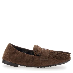 Brown Loafers with Fringe and Metallic Logo in Suede Woman