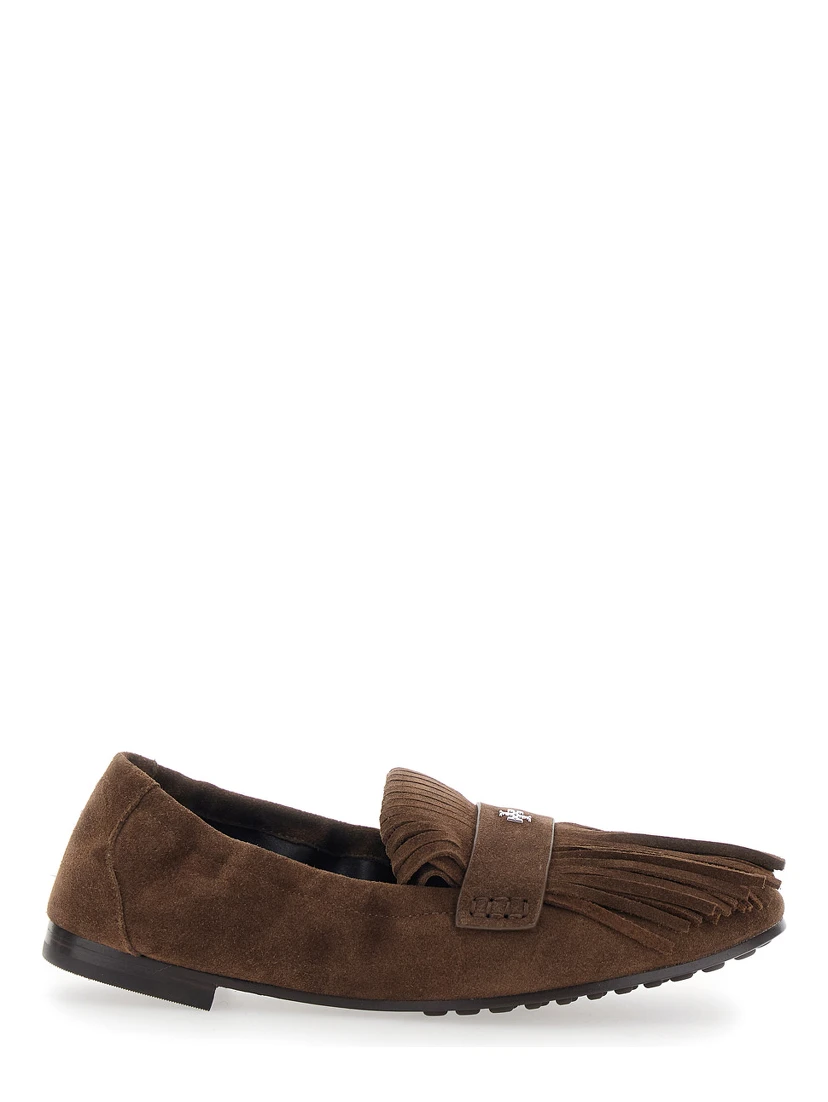 Brown Loafers with Fringe and Metallic Logo in Suede Woman
