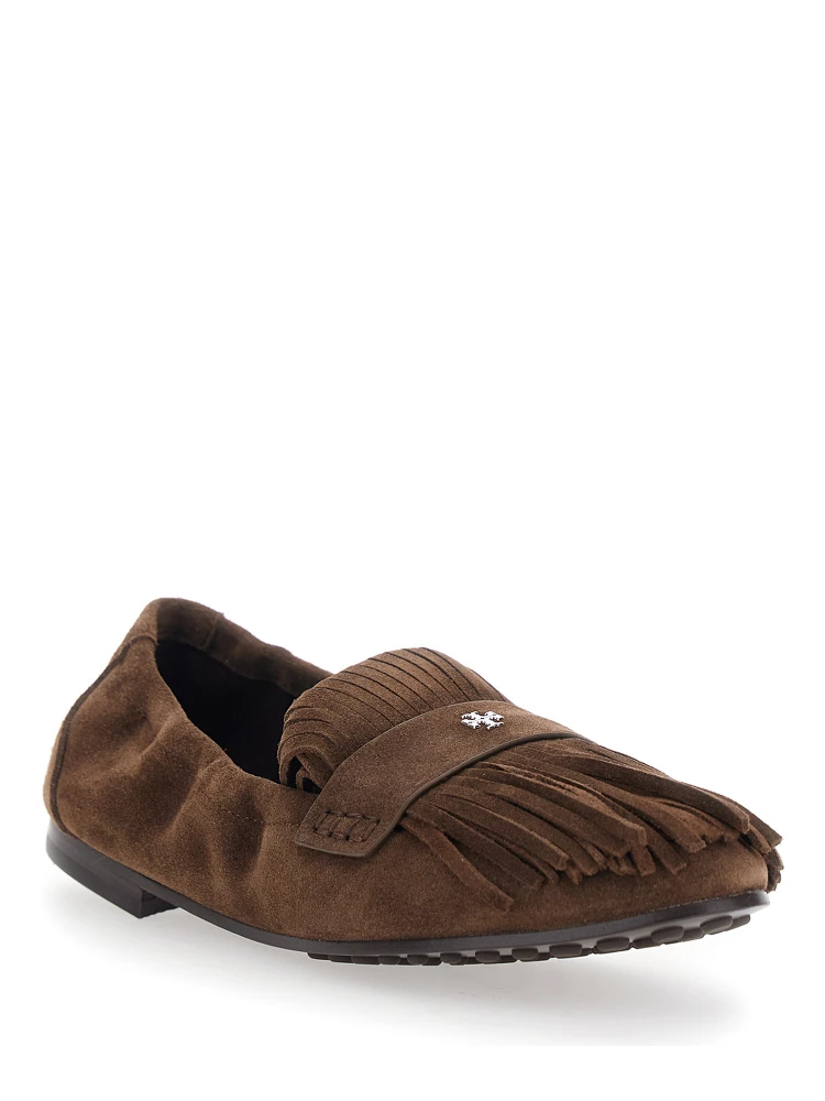 Brown Loafers with Fringe and Metallic Logo in Suede Woman alternative