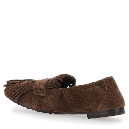 Brown Loafers with Fringe and Metallic Logo in Suede Woman