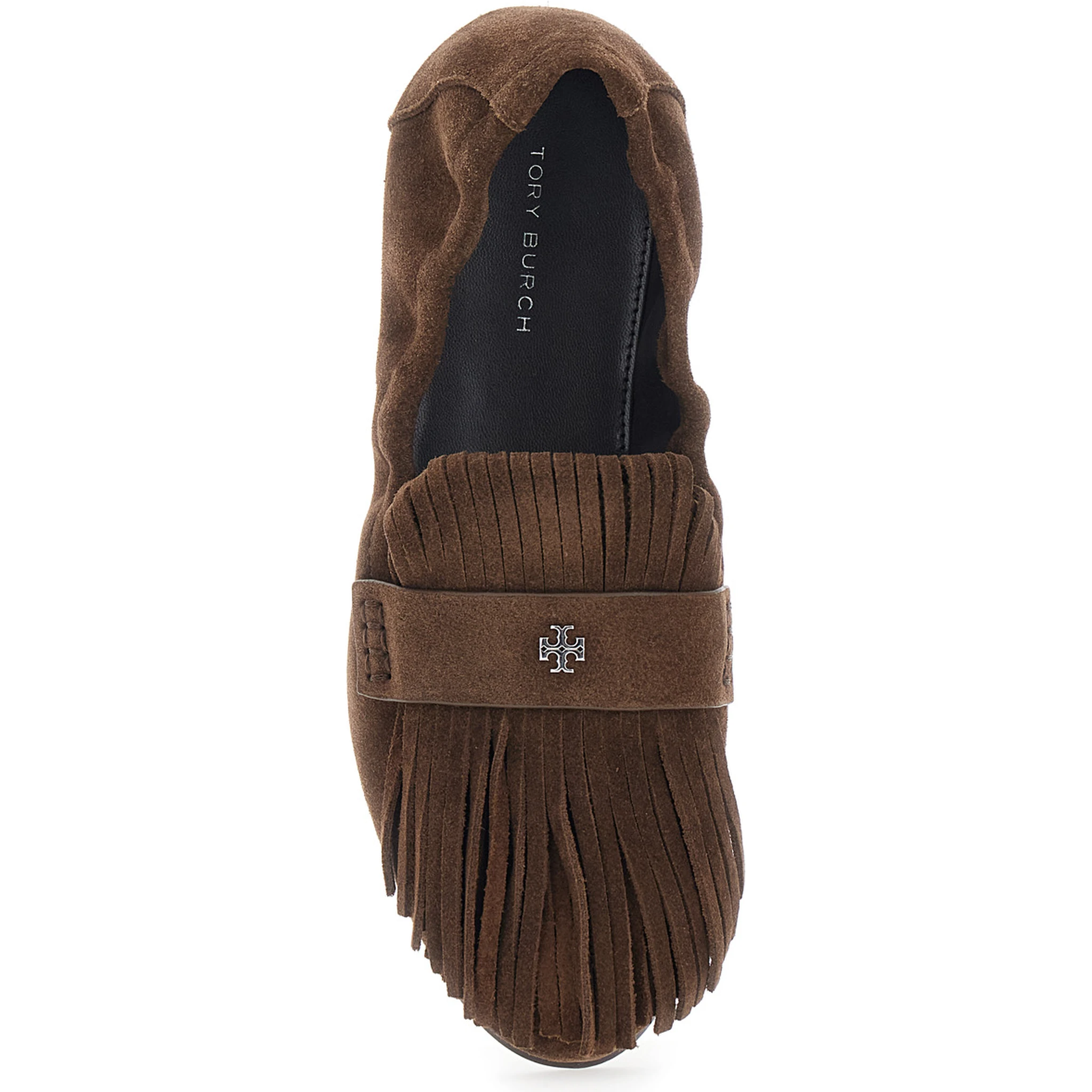 Brown Loafers with Fringe and Metallic Logo in Suede Woman