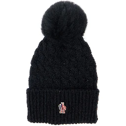 Black Beanie with Pompon and Logo Patch on the Front in Wool Woman