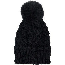 Black Beanie with Pompon and Logo Patch on the Front in Wool Woman
