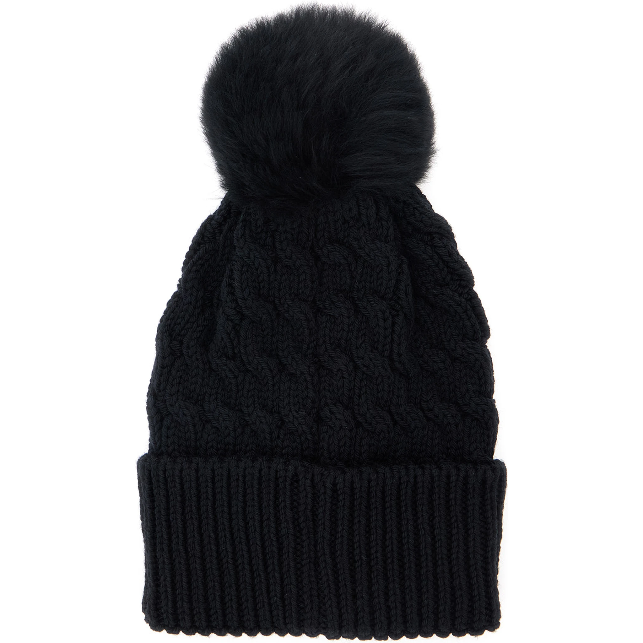 Black Beanie with Pompon and Logo Patch on the Front in Wool Woman