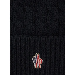 Black Beanie with Pompon and Logo Patch on the Front in Wool Woman