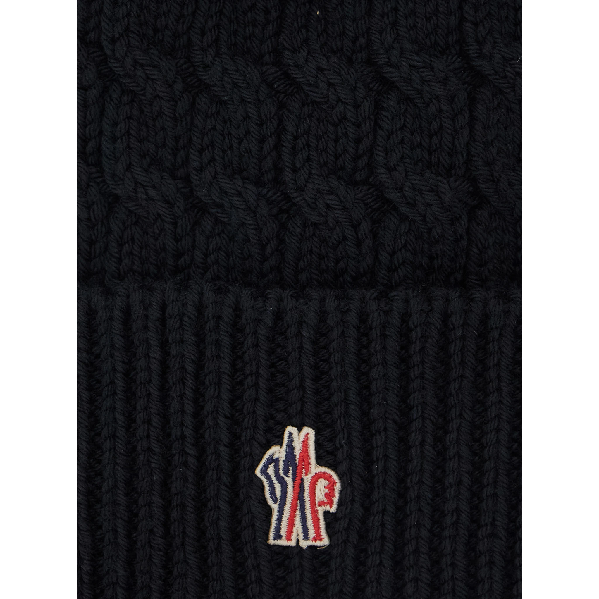 Black Beanie with Pompon and Logo Patch on the Front in Wool Woman