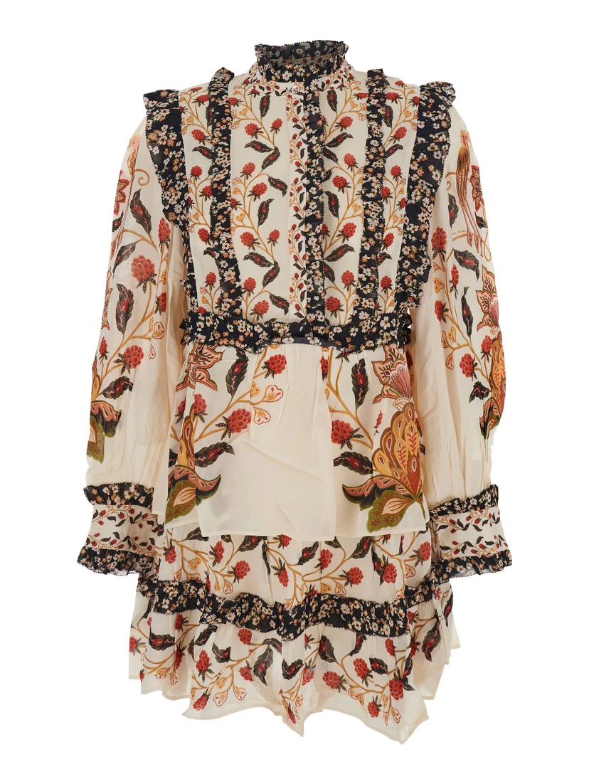 Multicolor Ruched Dress with All-Over Floral Print in Viscose Blend Woman