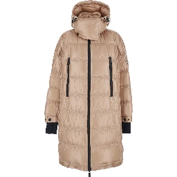 Rochelairs Beige Down Jacket with Drawstring Hood and Logo Patch on the Sleeve in Tech Fabric Woman