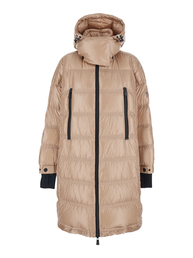 Rochelairs Beige Down Jacket with Drawstring Hood and Logo Patch on the Sleeve in Tech Fabric Woman