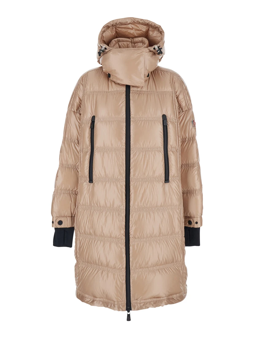 Rochelairs Beige Down Jacket with Drawstring Hood and Logo Patch on the Sleeve in Tech Fabric Woman