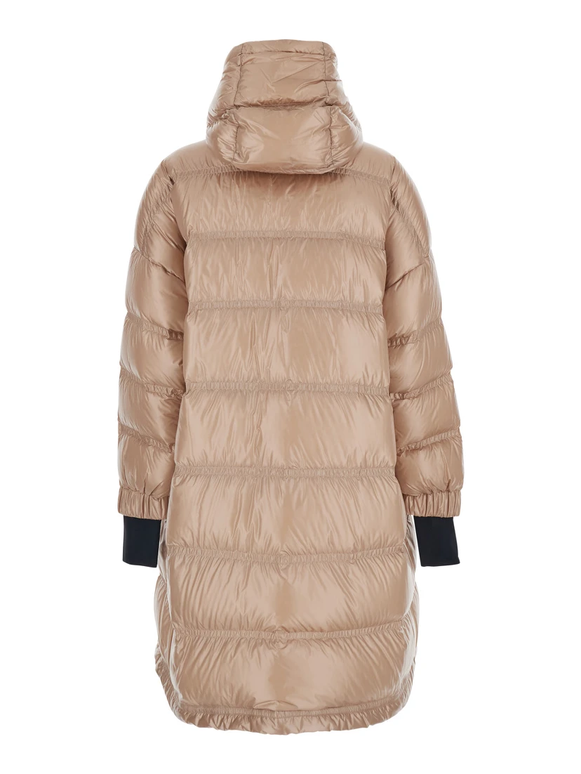 Rochelairs Beige Down Jacket with Drawstring Hood and Logo Patch on the Sleeve in Tech Fabric Woman