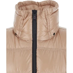 Rochelairs Beige Down Jacket with Drawstring Hood and Logo Patch on the Sleeve in Tech Fabric Woman
