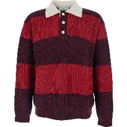 Red Polo Shirt with Ribbed Design and Striped Motif in Wool Man