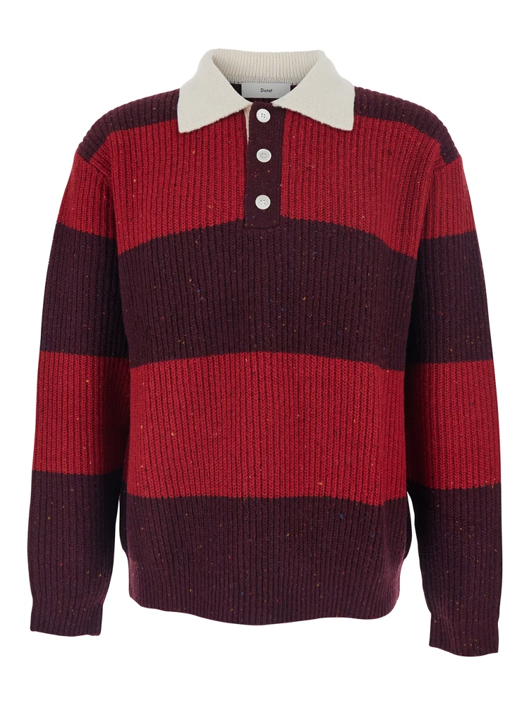 Red Polo Shirt with Ribbed Design and Striped Motif in Wool Man