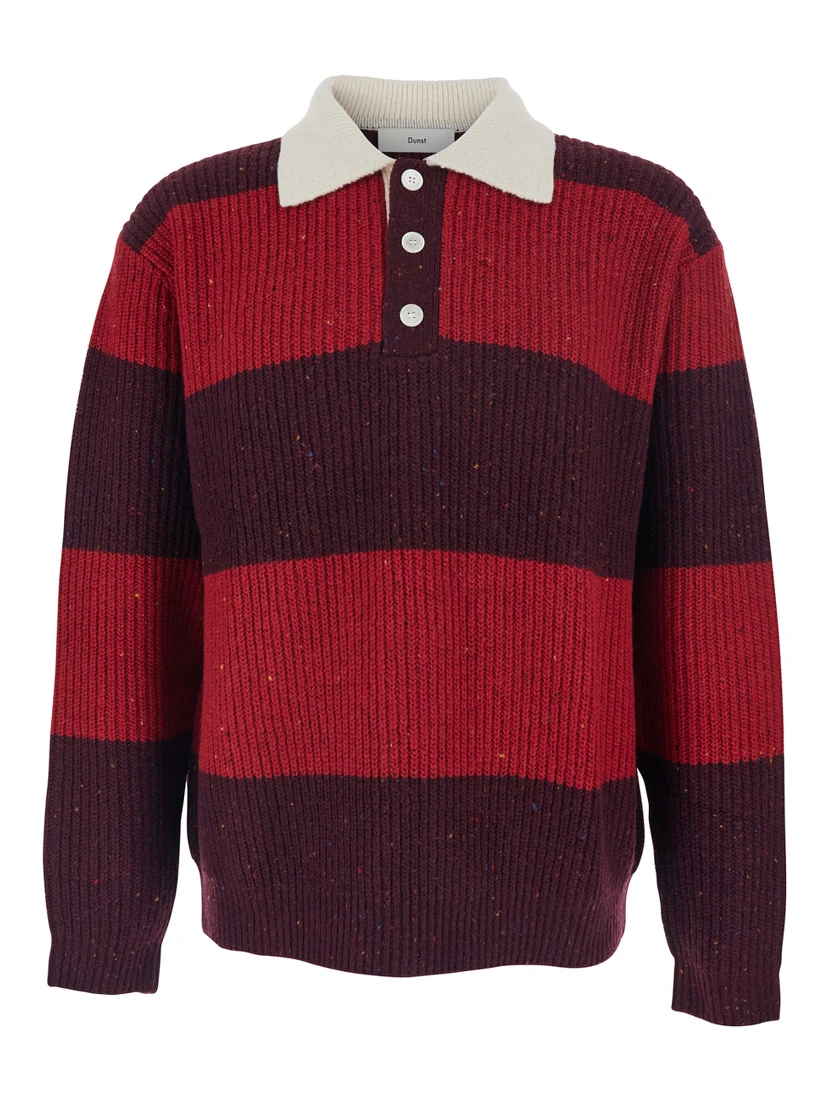 Red Polo Shirt with Ribbed Design and Striped Motif in Wool Man