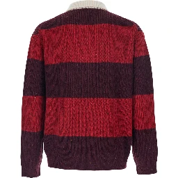 Red Polo Shirt with Ribbed Design and Striped Motif in Wool Man