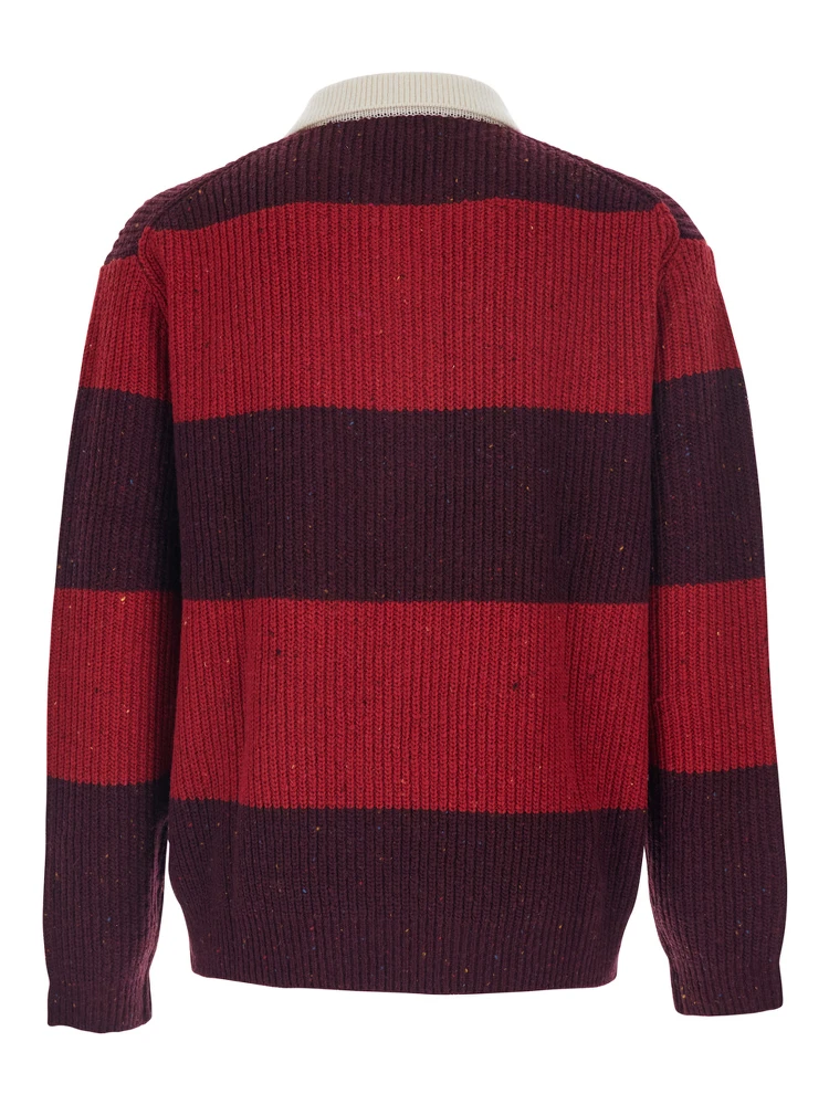 Red Polo Shirt with Ribbed Design and Striped Motif in Wool Man alternative