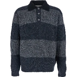 Grey Polo Shirt with Ribbed Design and Striped Motif in Wool Man