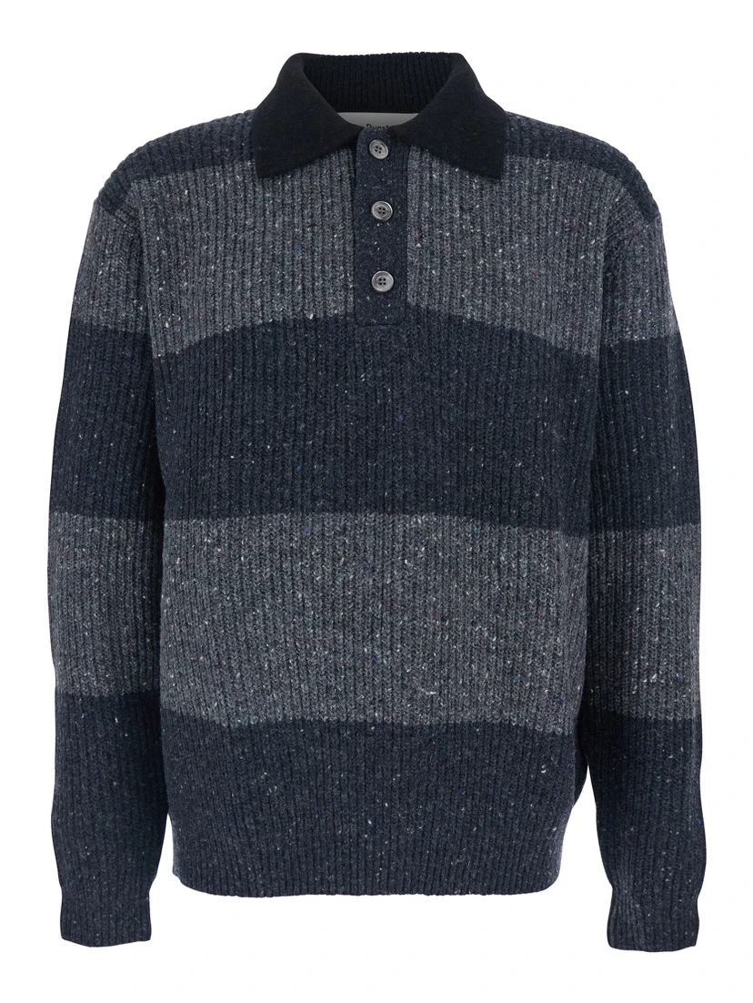 Grey Polo Shirt with Ribbed Design and Striped Motif in Wool Man