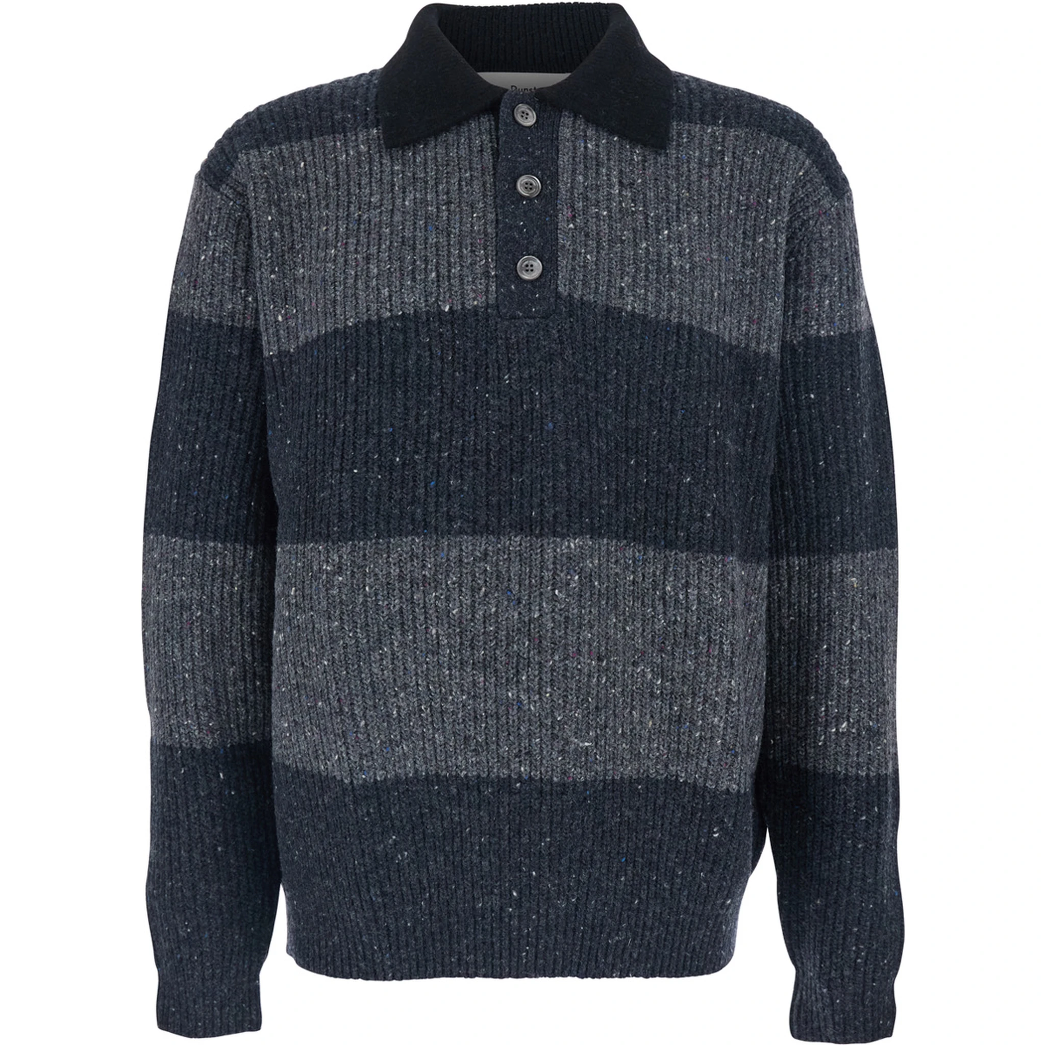 Grey Polo Shirt with Ribbed Design and Striped Motif in Wool Man