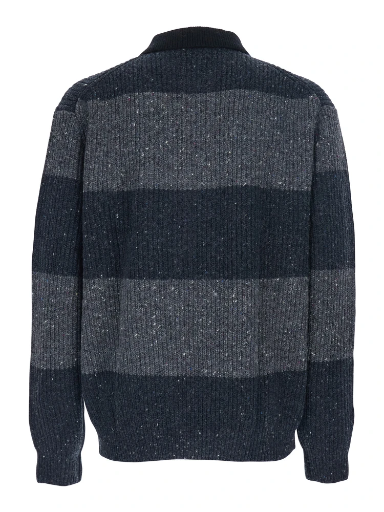 Grey Polo Shirt with Ribbed Design and Striped Motif in Wool Man alternative