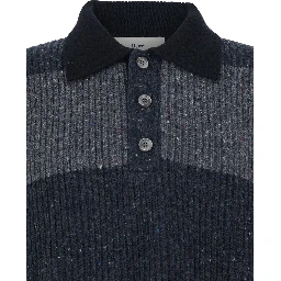 Grey Polo Shirt with Ribbed Design and Striped Motif in Wool Man
