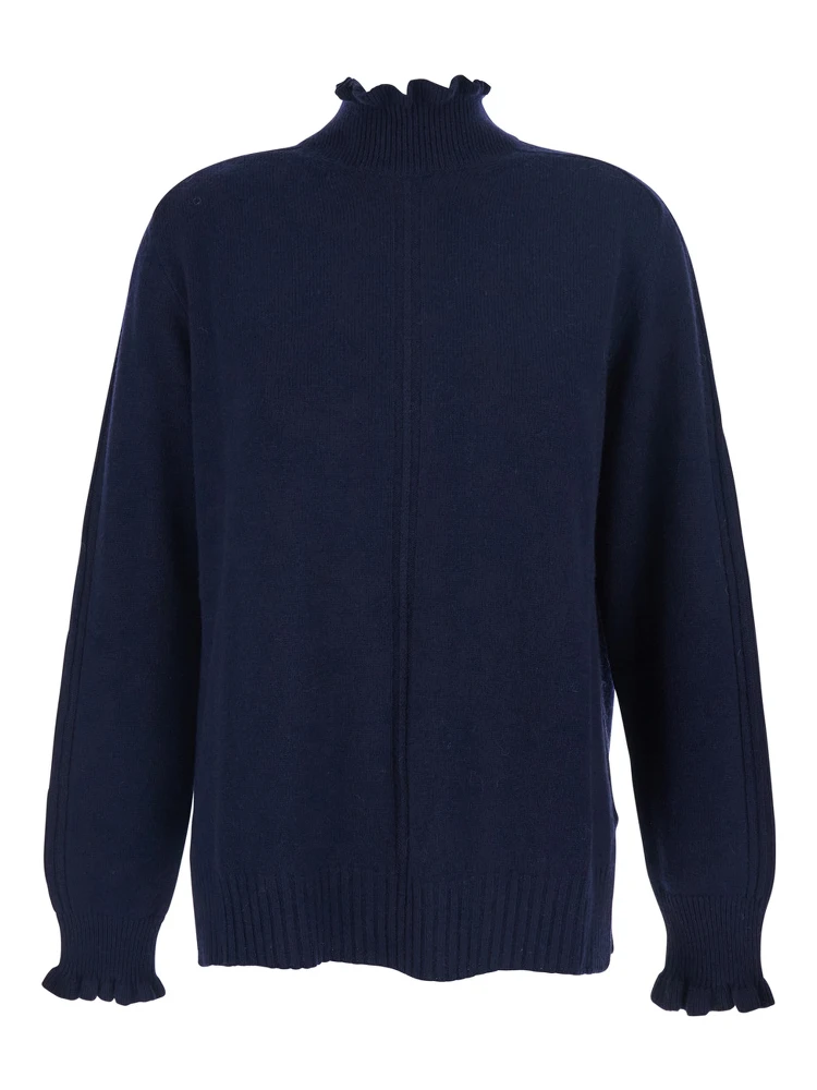 Blue Sweater with Neck and Ruched Cuffs in Wool Blend Woman