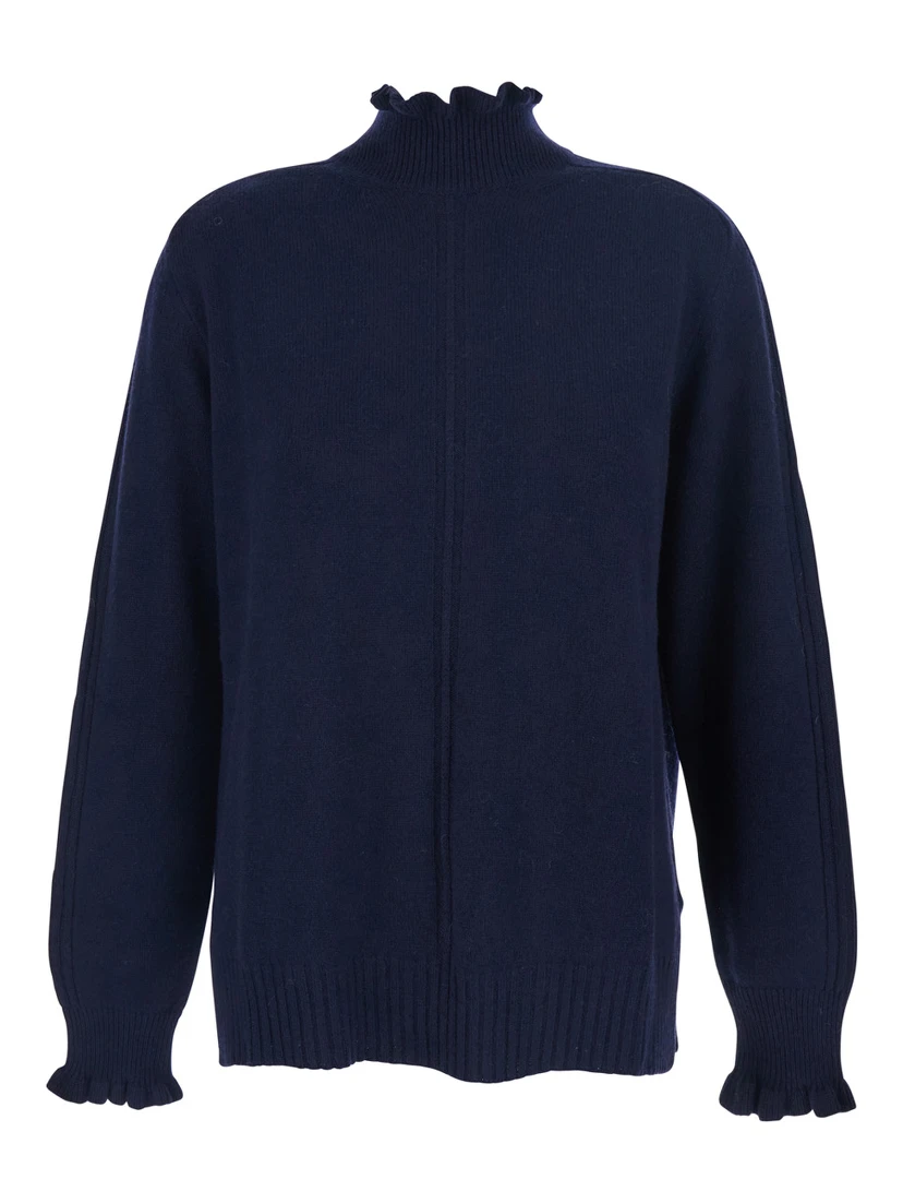 Blue Sweater with Neck and Ruched Cuffs in Wool Blend Woman