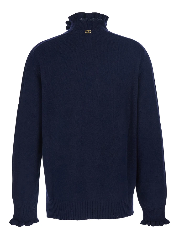 Blue Sweater with Neck and Ruched Cuffs in Wool Blend Woman alternative