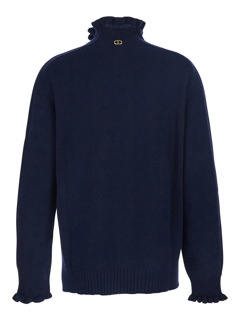 Blue Sweater with Neck and Ruched Cuffs in Wool Blend Woman