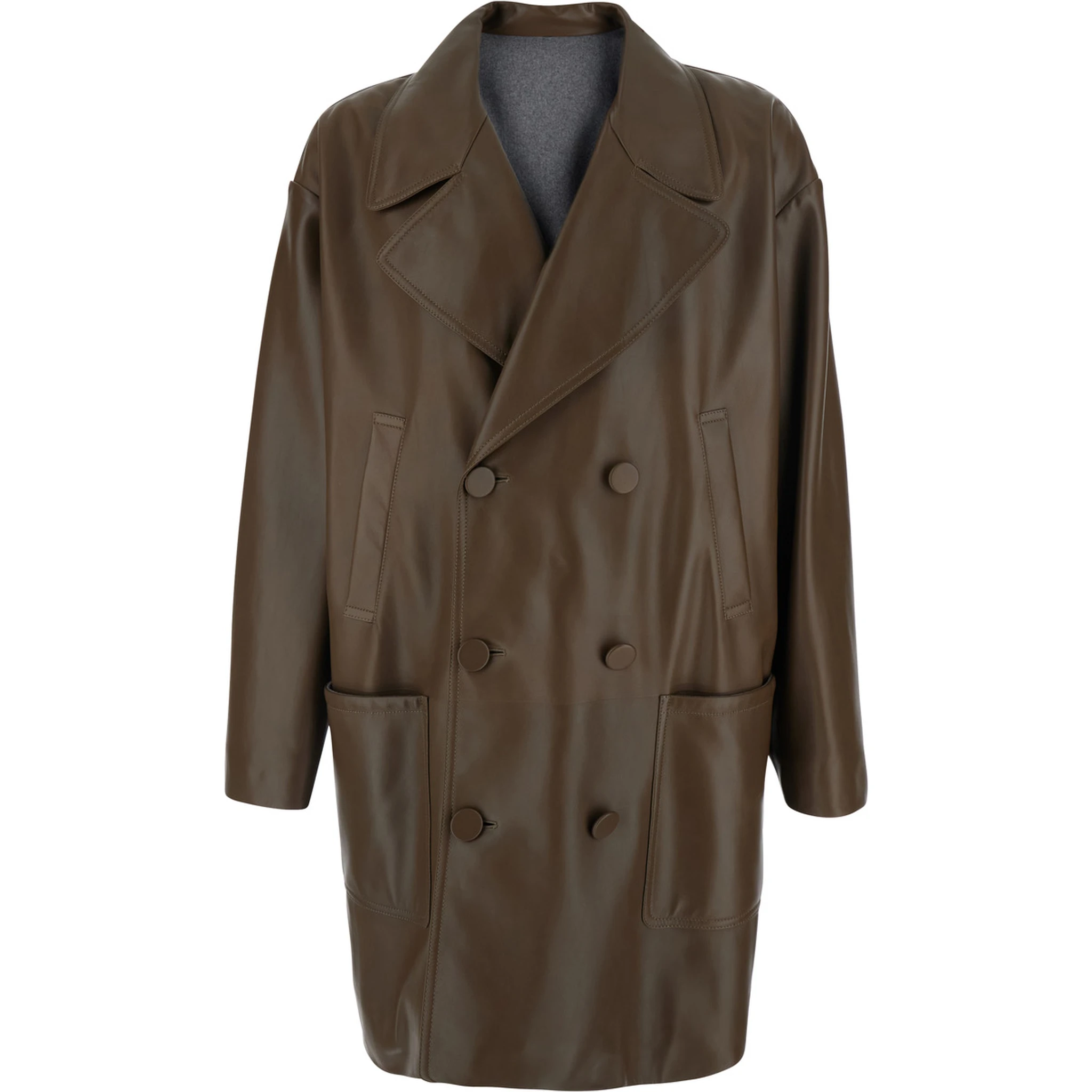 Brown Double-Breasted Jacket with Notched Revers and Logo Patch on the Rear in Leather Man