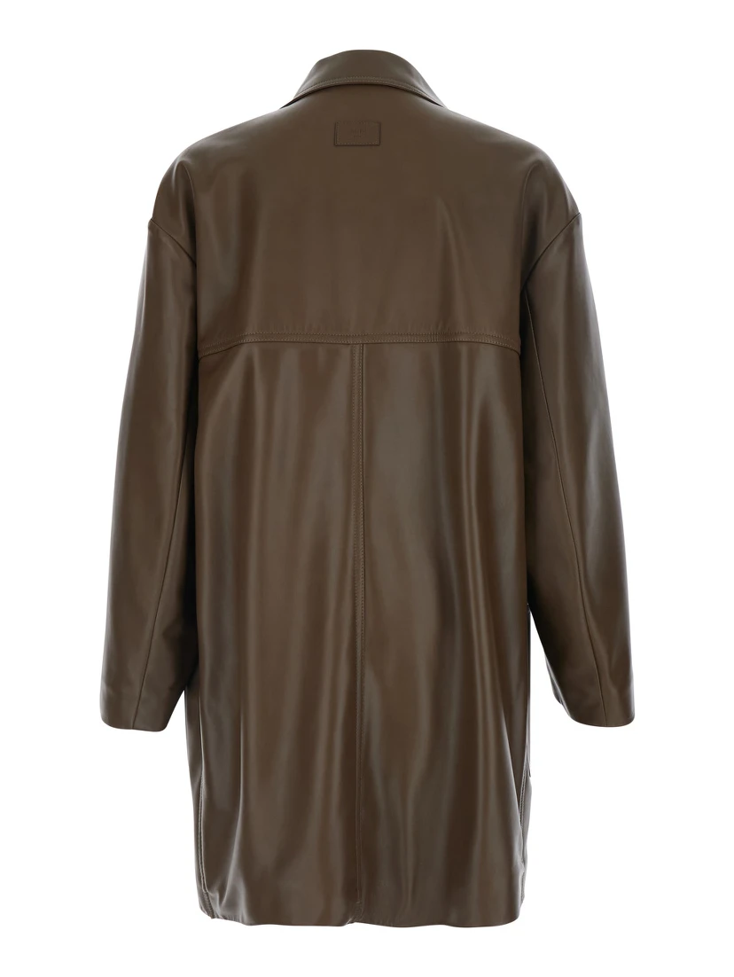 Brown Double-Breasted Jacket with Notched Revers and Logo Patch on the Rear in Leather Man