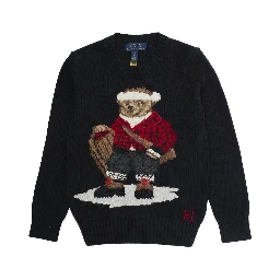 Black Sweater with Maxi Polo Bear Embroidery on the Front and Ribbed Trims in Cotton Boy