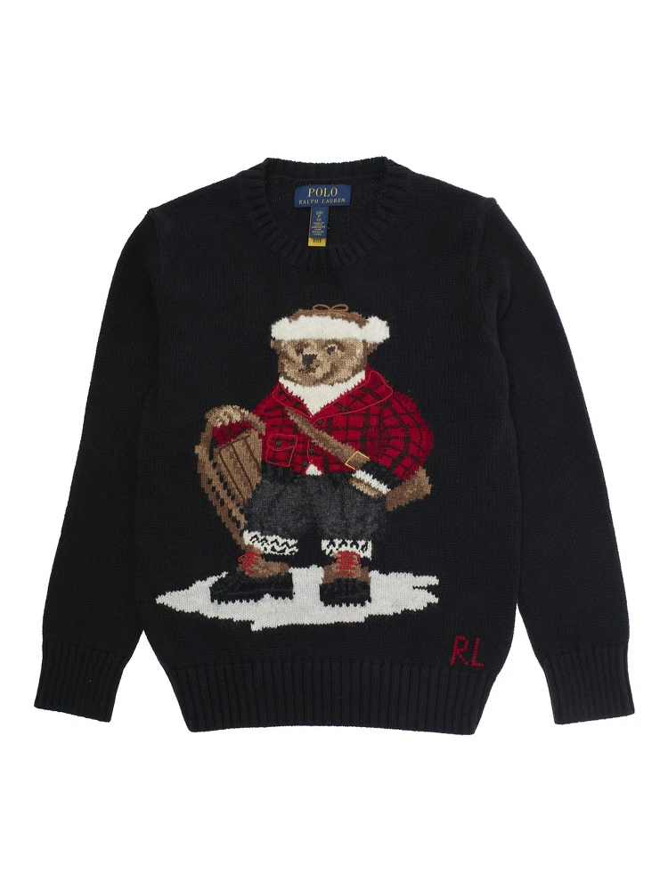 Black Sweater with Maxi Polo Bear Embroidery on the Front and Ribbed Trims in Cotton Boy