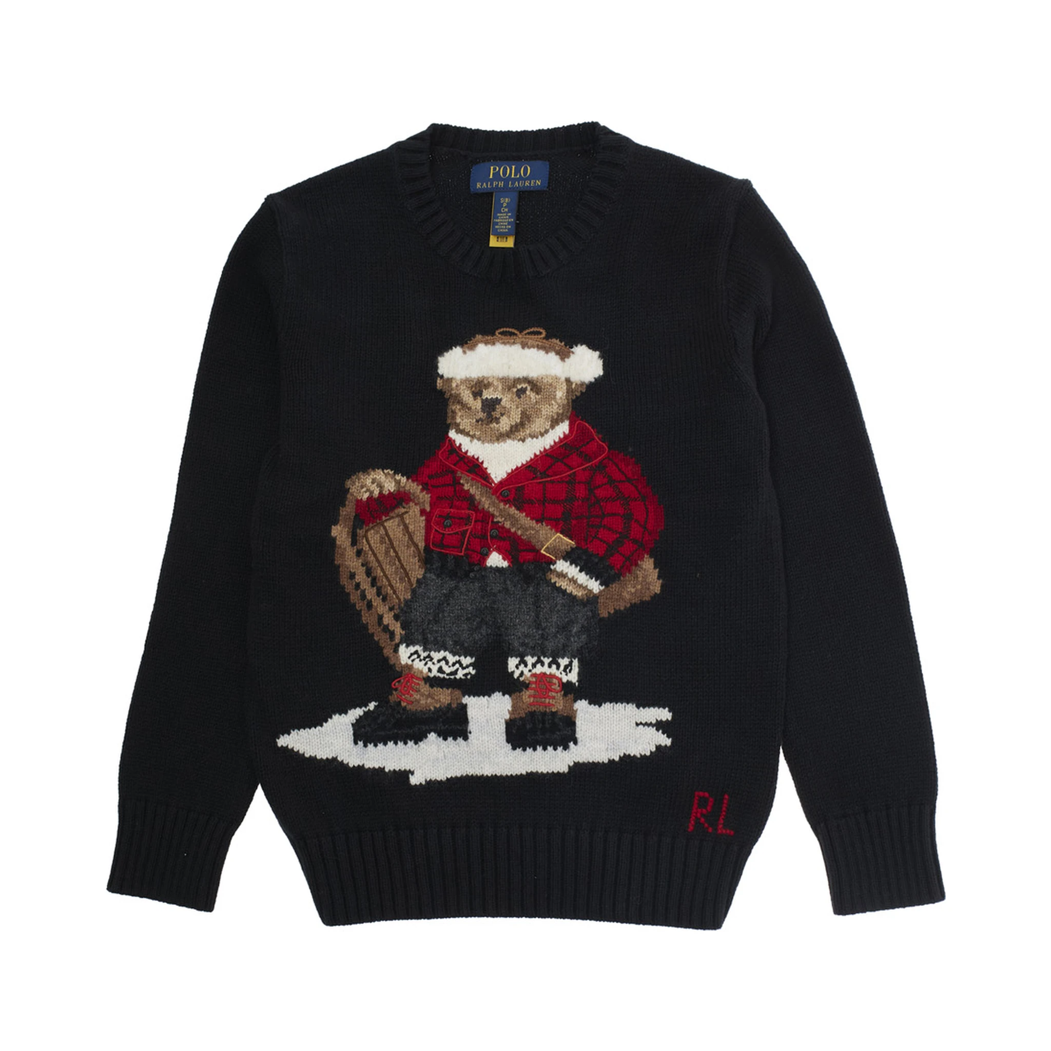 Black Sweater with Maxi Polo Bear Embroidery on the Front and Ribbed Trims in Cotton Boy