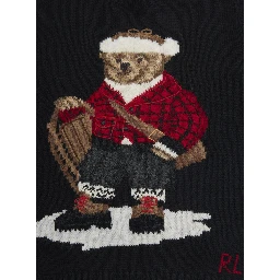 Black Sweater with Maxi Polo Bear Embroidery on the Front and Ribbed Trims in Cotton Boy