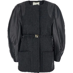 Grey Crewneck Jacket with Puffed Leather Sleeves in Wool Woman