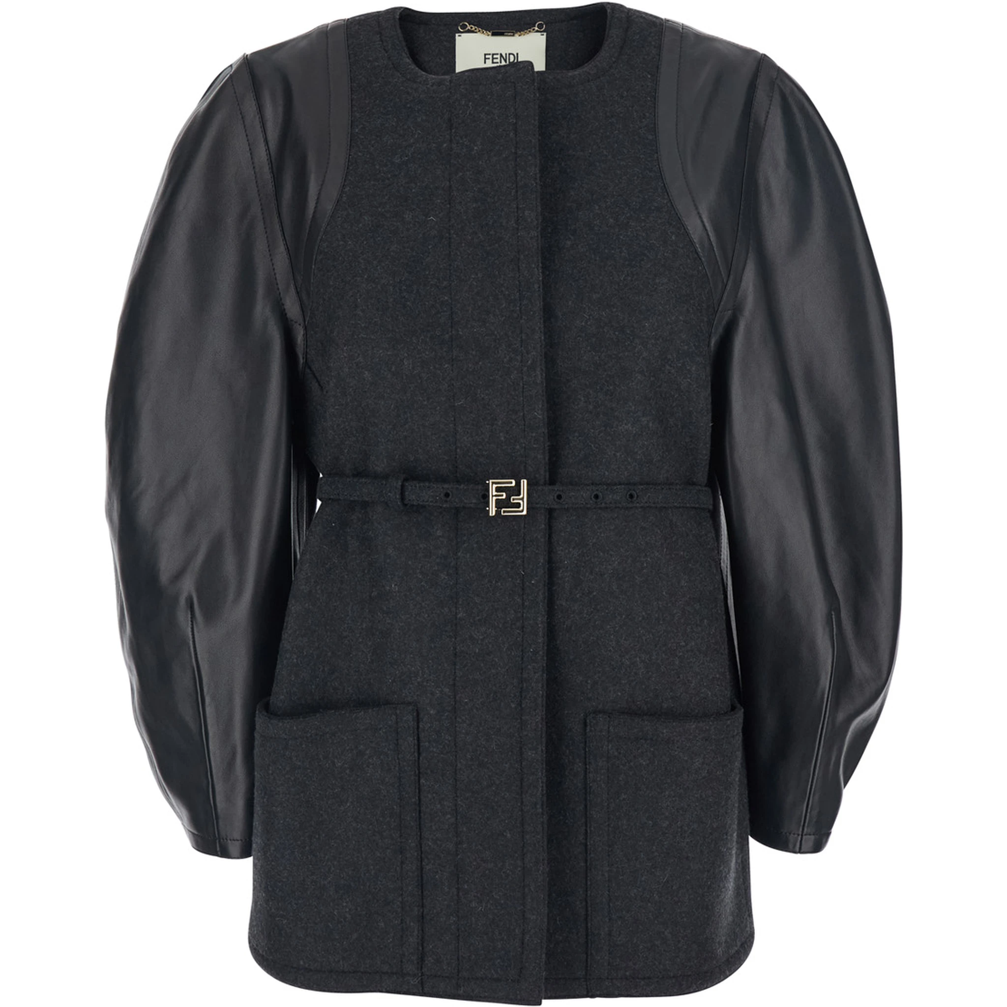 Grey Crewneck Jacket with Puffed Leather Sleeves in Wool Woman