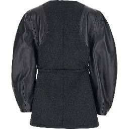 Grey Crewneck Jacket with Puffed Leather Sleeves in Wool Woman