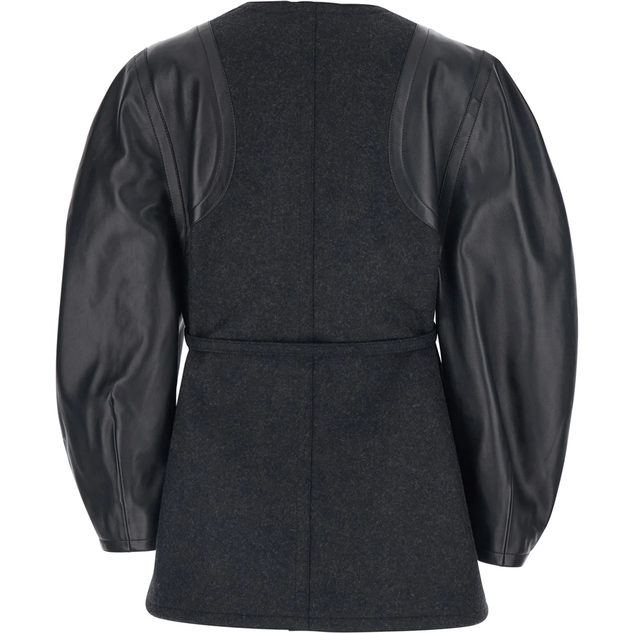 Grey Crewneck Jacket with Puffed Leather Sleeves in Wool Woman