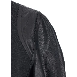 Grey Crewneck Jacket with Puffed Leather Sleeves in Wool Woman