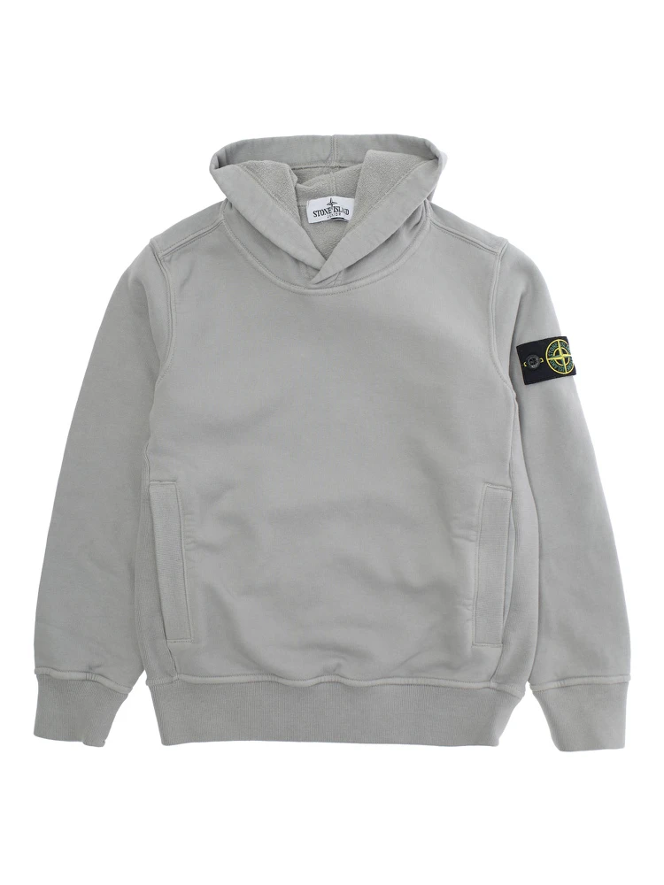 Grey Hoodie with Fixed Hood and Logo Patch on the Sleeve in Cotton Boy